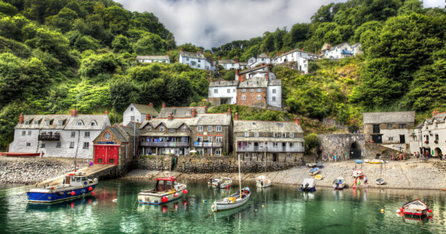 Clovelly, a fishing port in Devon, is shown.