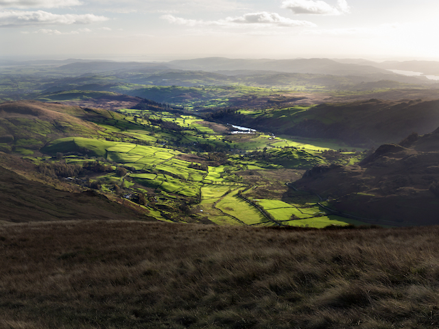 Sunset on the hills around Kentmere, near Kendal, Cumbria, UK.